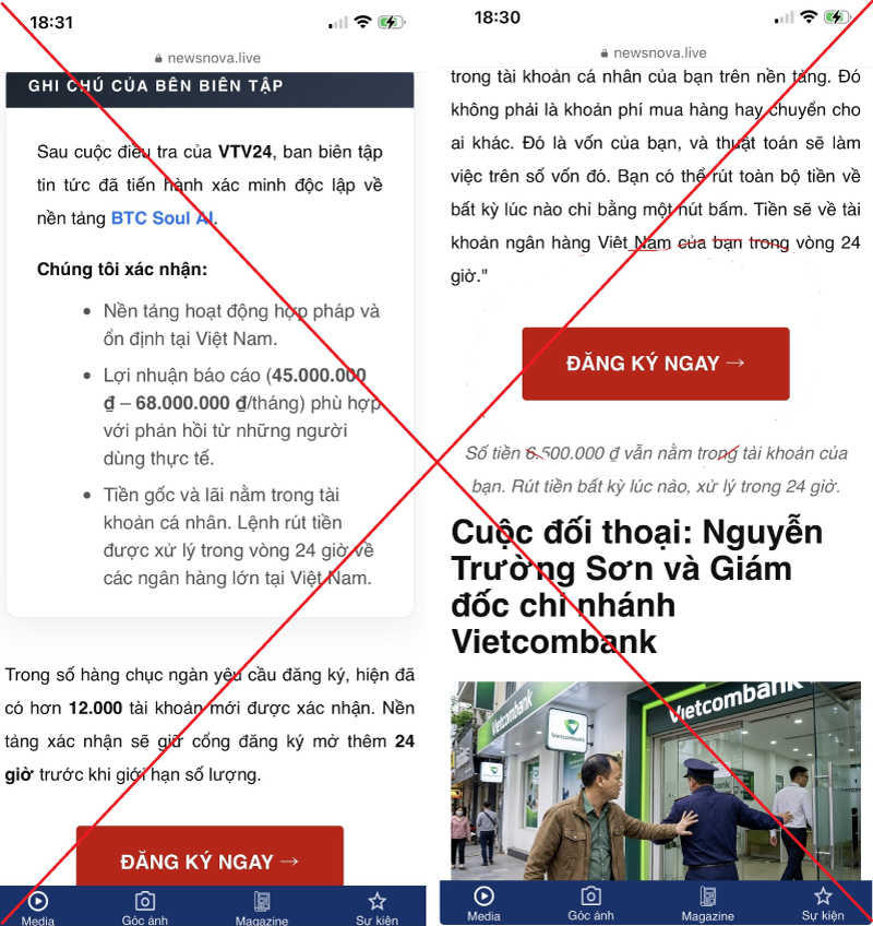 Hình ảnh bài viết giả mạo có nội dung dẫn dụ người đọc đăng ký và nạp tiền
