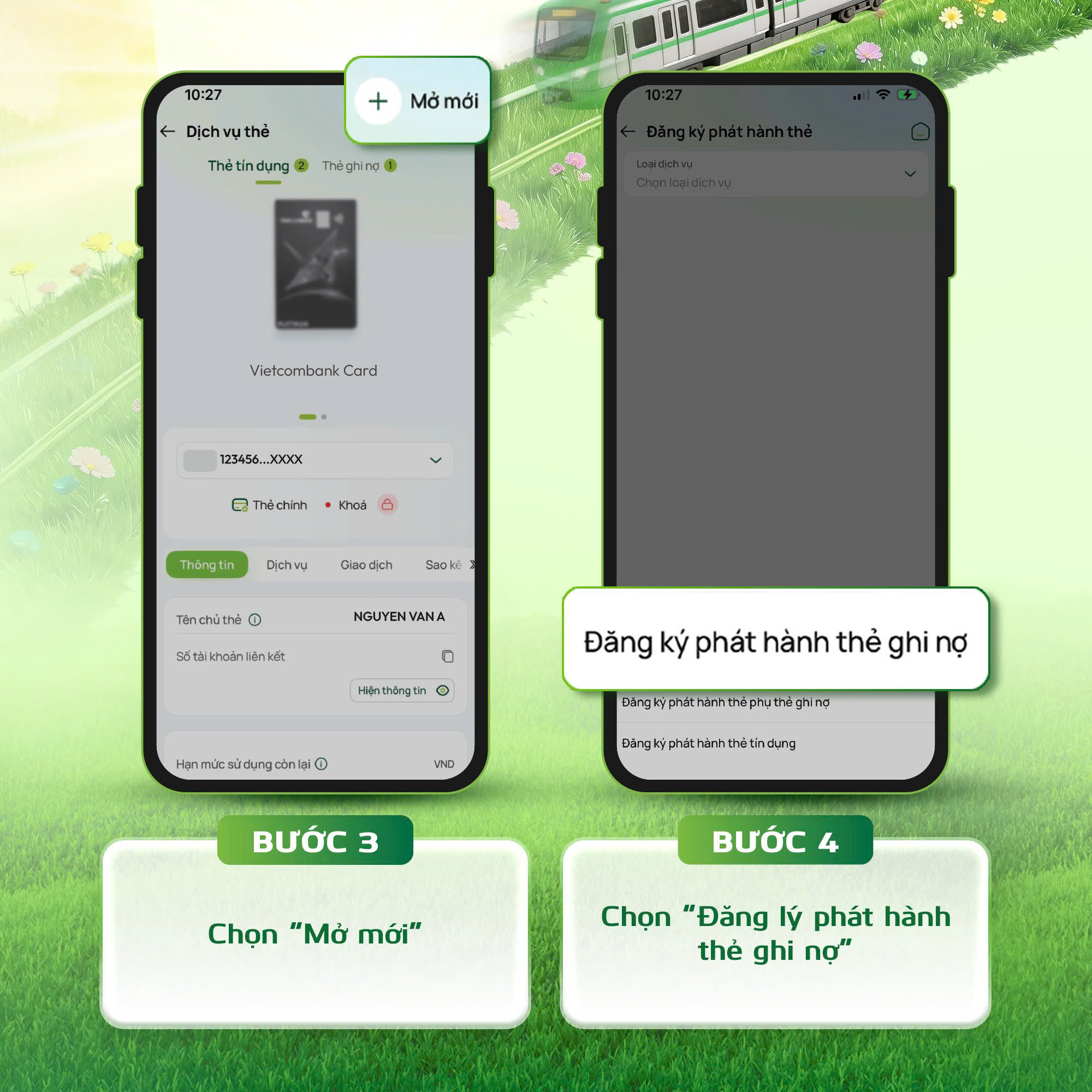Bước 3 chọn Mở mới; bước 4 chọn Đăng ký phát hành thẻ ghi nợ