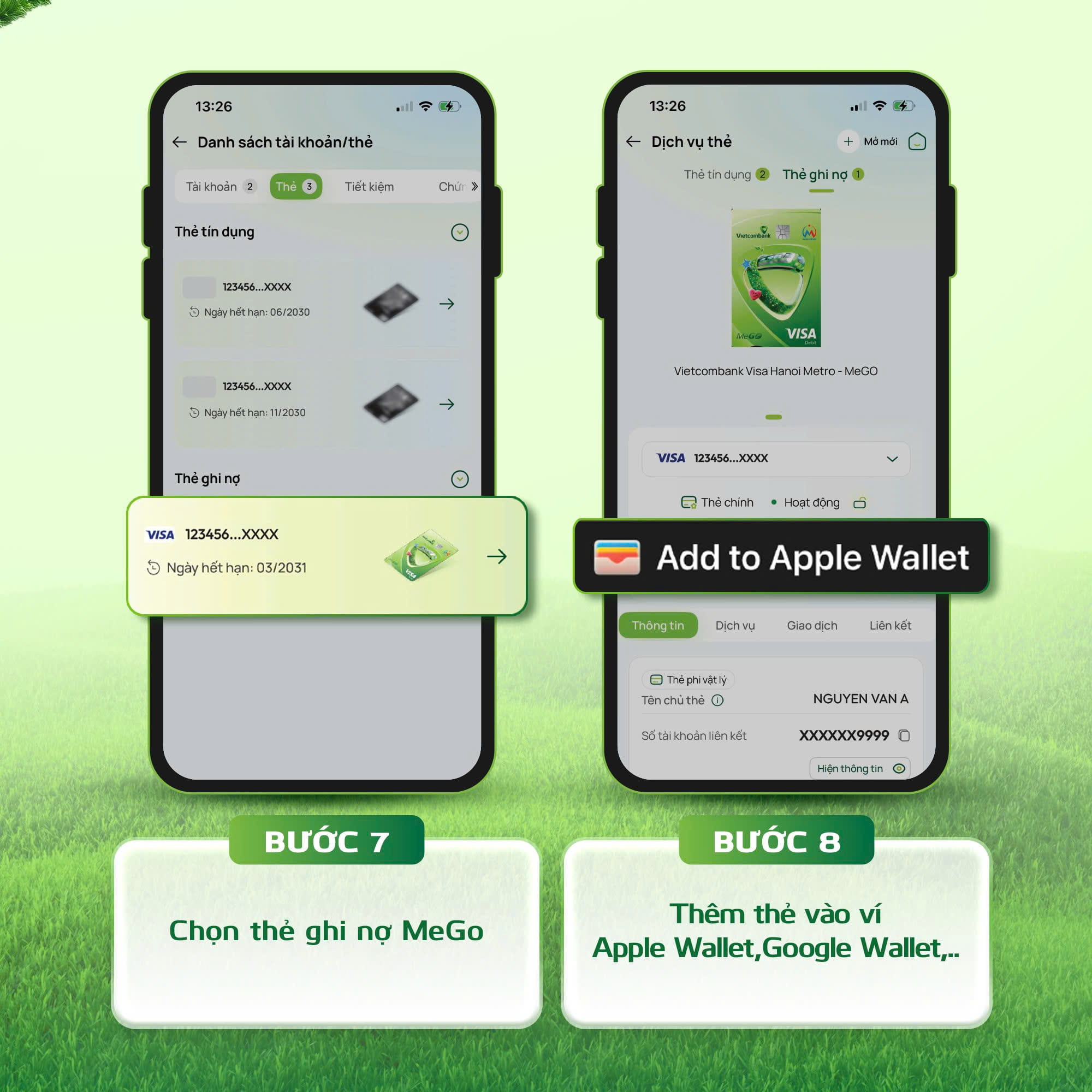Bước 7 chọn thẻ ghi nợ MeGO; bước 8 chọn Add to Apple Wallet để thêm thẻ vào Apple Pay