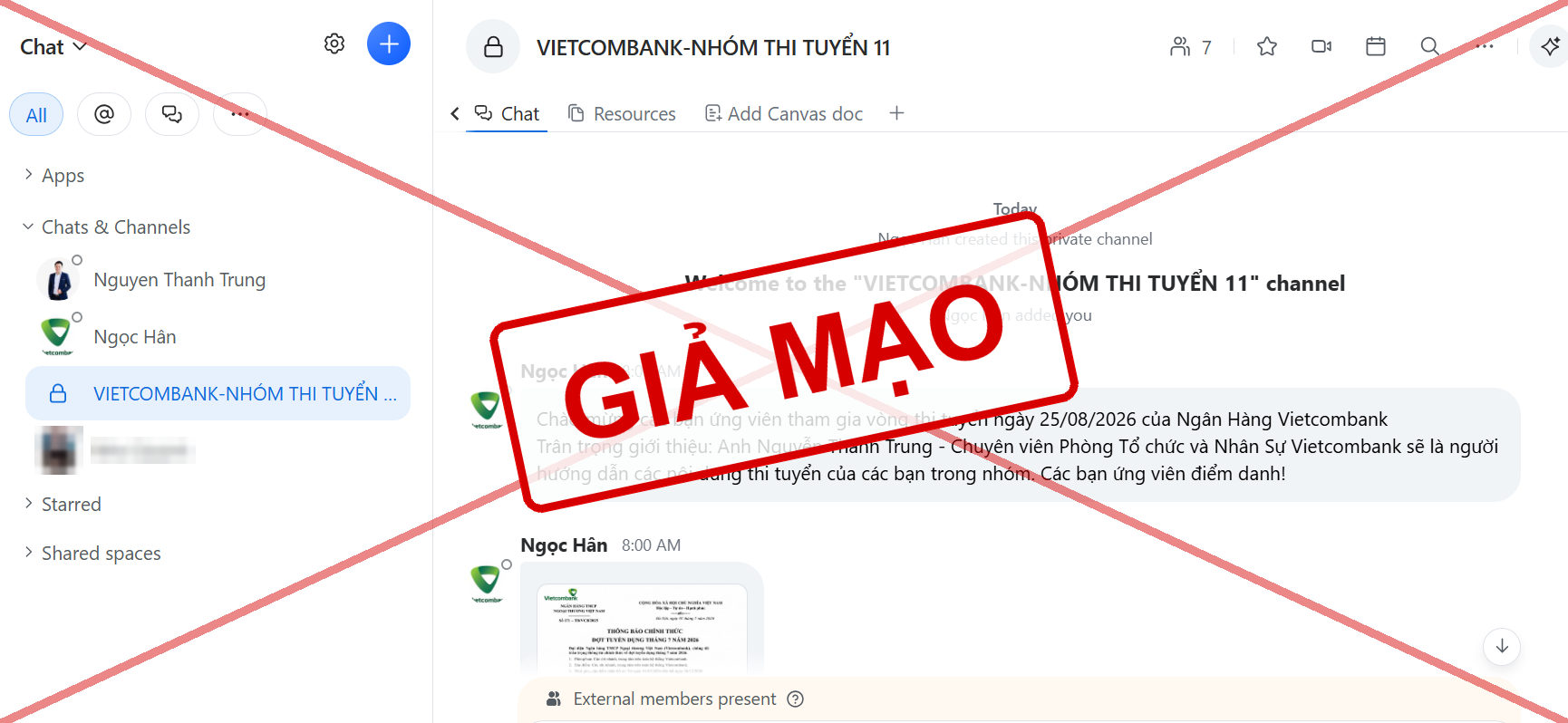 Giao diện nhóm chat tuyển dụng giả mạo 1
