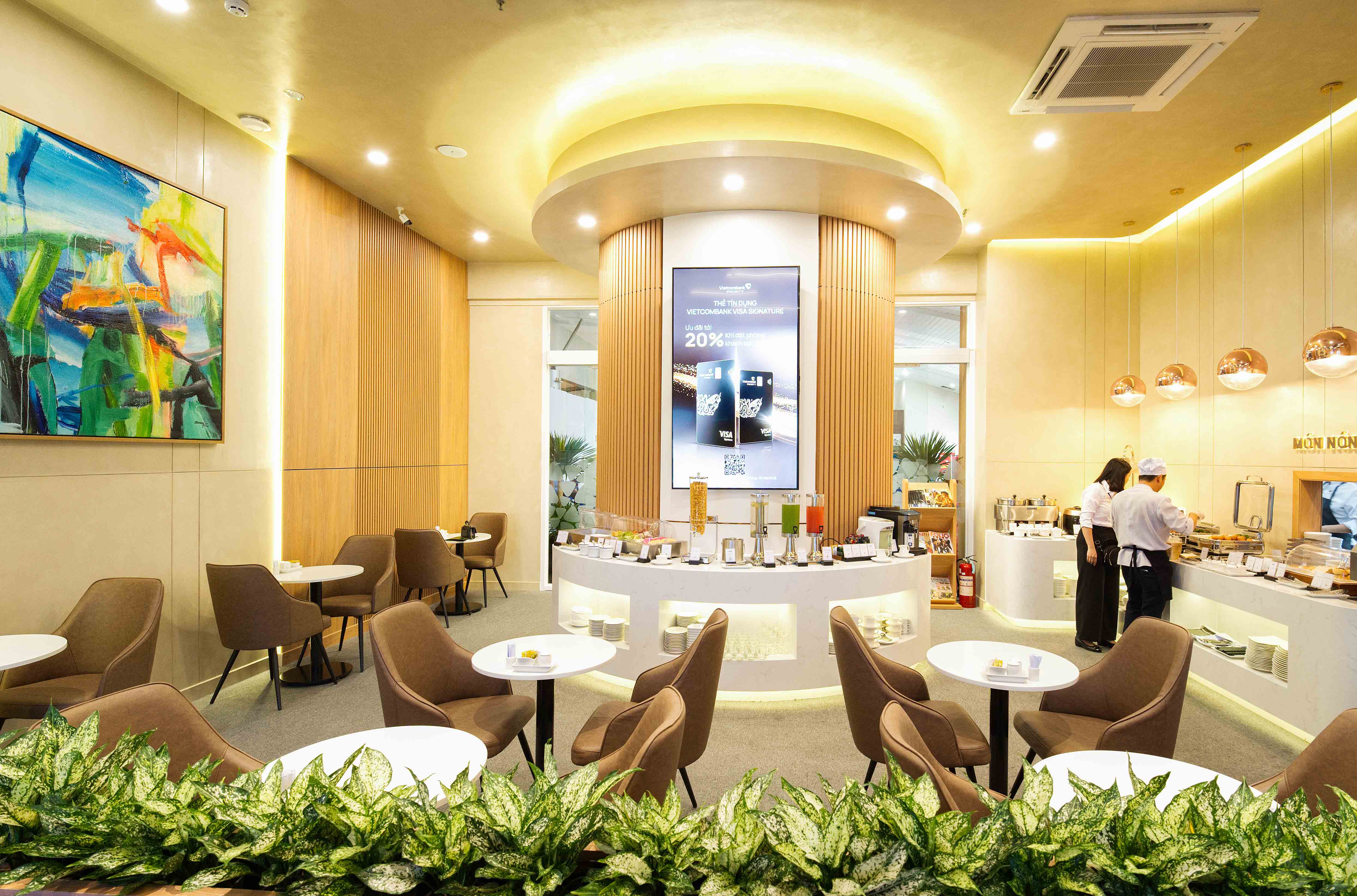 Seating and service area inside the Vietcombank Priority Lounge Cam Ranh